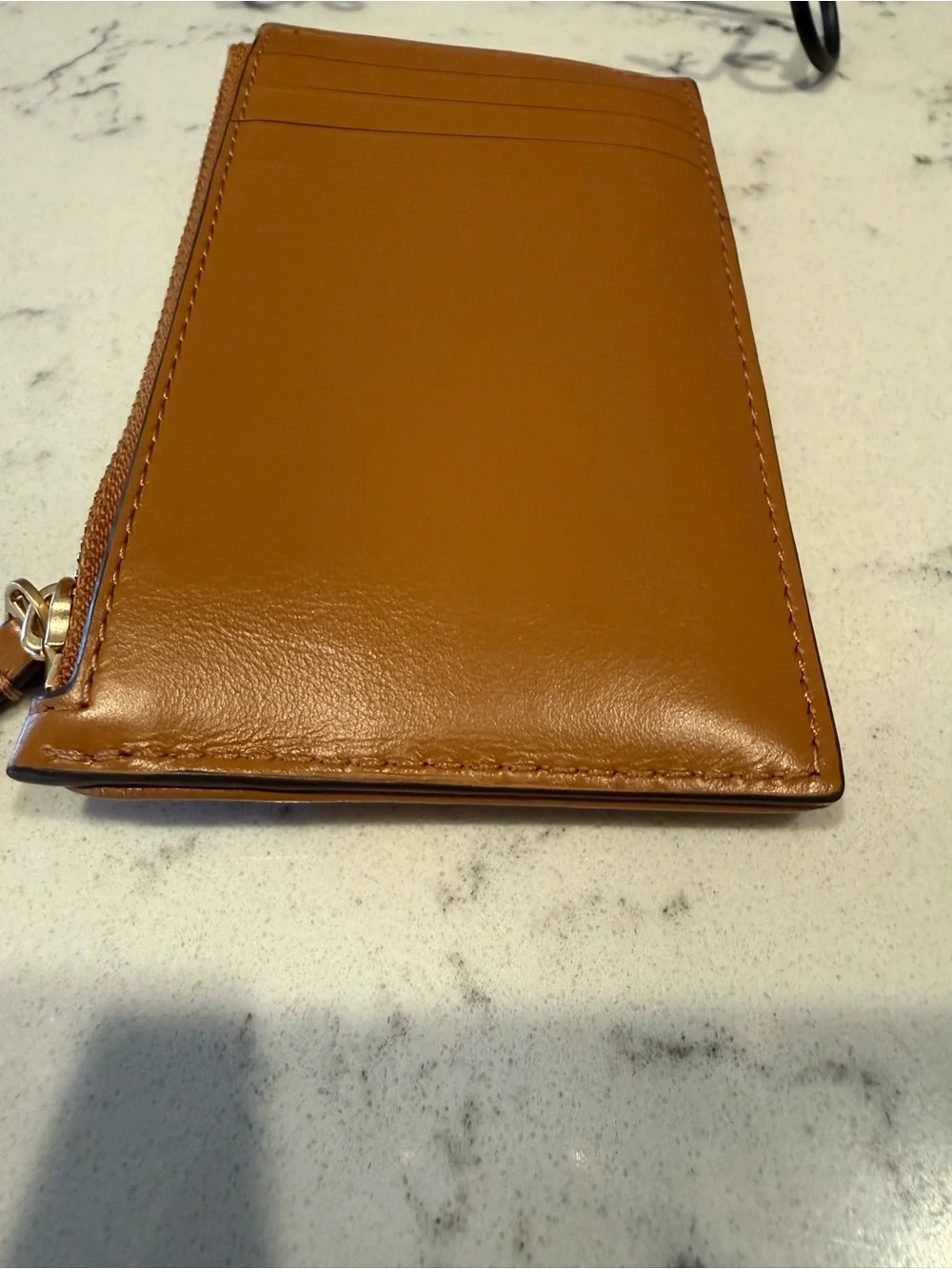 Tory Burch Caramel Quilted Leather Zip Card Holder with Gold Logo